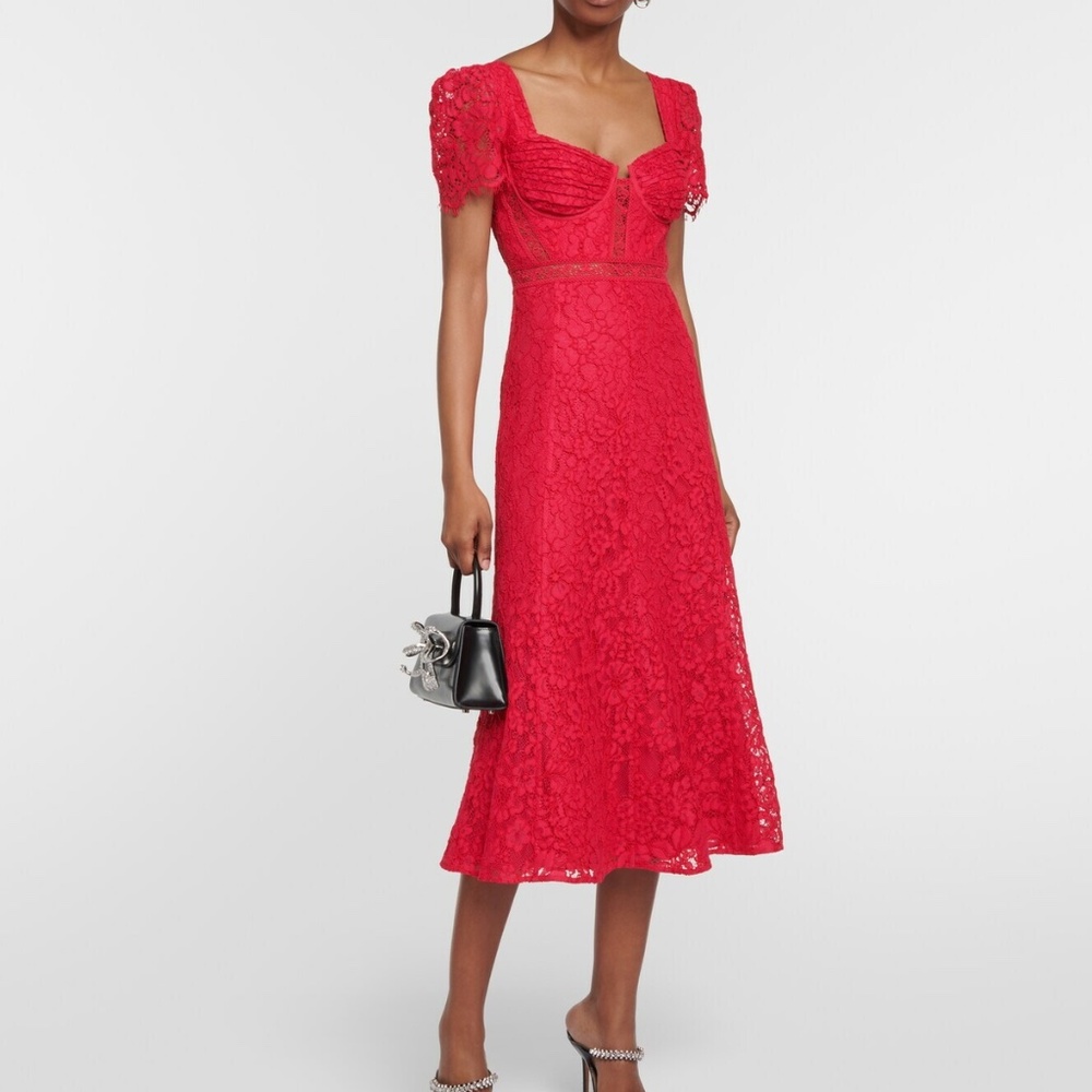 Self-Portrait Red Crepe Lace Detail Midi Dress - Size 10
